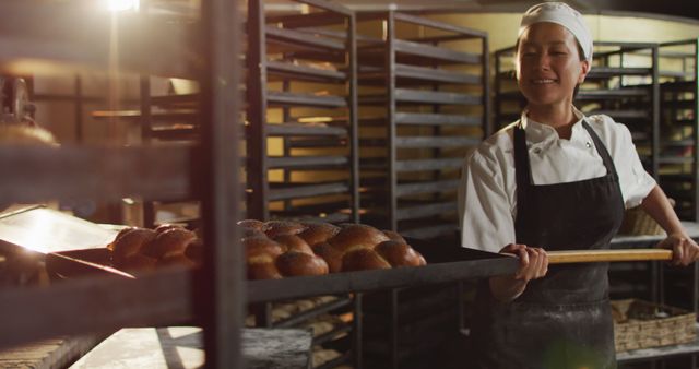 Smiling Baker Loading Freshly Baked Bread into Oven - Download Free Stock Images Pikwizard.com