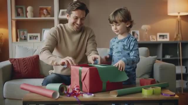 Father and Son Creating Festive Gift Box Together at Home