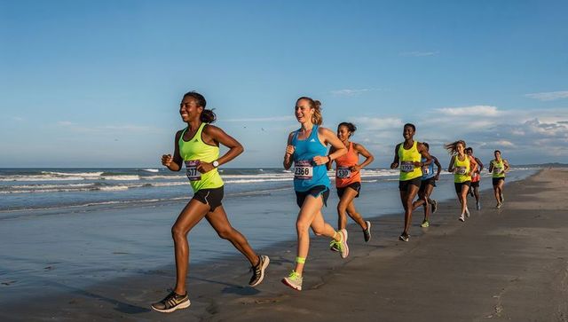 Female beach marathon leading pack running on wet sand at sunrise coastal endurance race