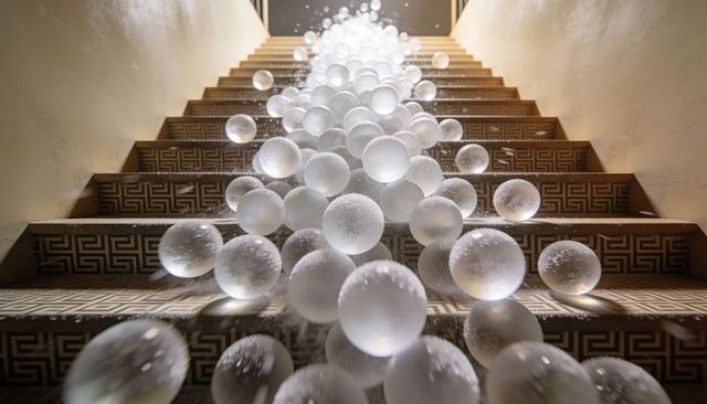 Cascading frosted glass spheres flowing up narrow greek-key staircase, backlit interior