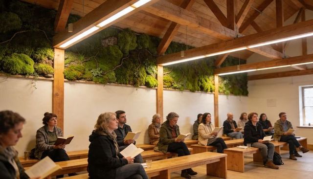 Community reading workshop in rustic timber hall with moss wall and natural daylight