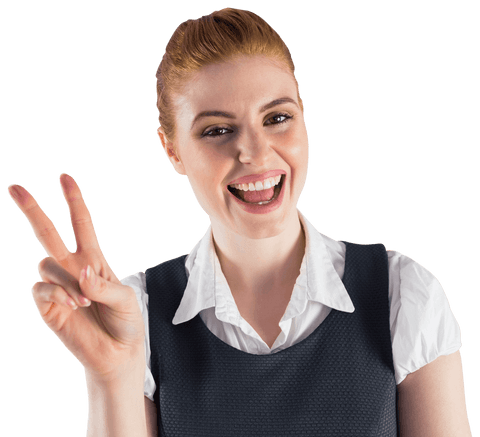 Smiling Redhead Businesswoman Giving Peace Sign Transparent