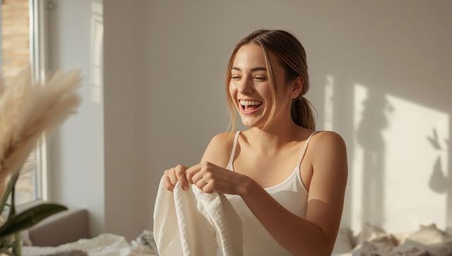 Sunlit laughing woman holding white linen by bed with pampas grass, cozy minimal morning