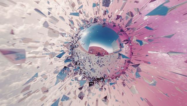 Exploding Chrome Sphere in Digital Space with Shards