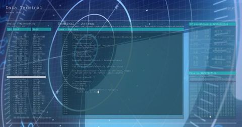 Displaying data terminal over server racks showing code editor, id table, encryption hud