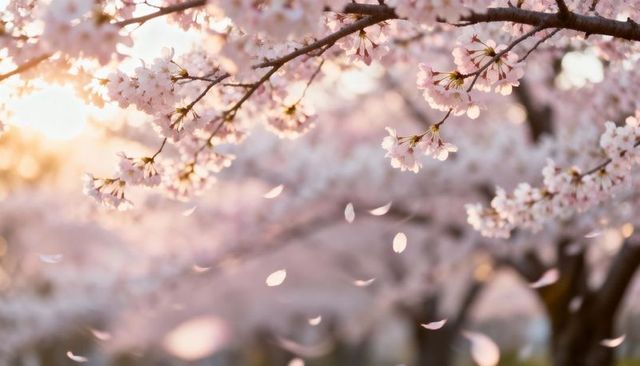 Sunlit cherry blossoms falling petals at golden hour, blooming branches with soft bokeh