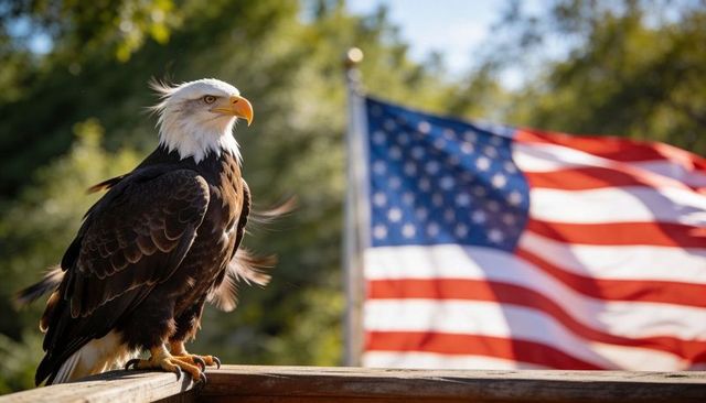 Perching bald eagle with american flag waving patriotic outdoor wildlife portrait