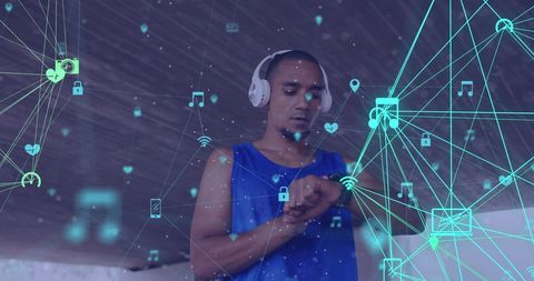 Athlete with Smartwatch and Headphones Surrounded by Digital Media Icons - Download Free Stock Images Pikwizard.com
