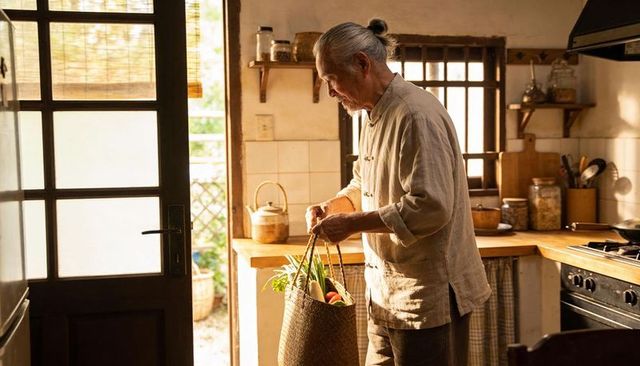 Senior man carrying woven tote of fresh vegetables into sunlit rustic kitchen