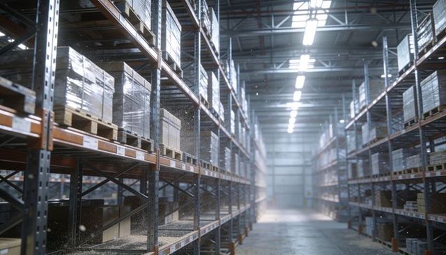 Industrial warehouse aisle with steel pallet racking, wrapped pallets, dramatic backlight
