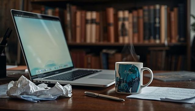 Cozy home office desk with open laptop, steaming mug, crumpled notes, pen and bookshelf