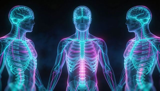 Triple glowing human anatomy showing brain, spine and nerves in translucent neon 3d render