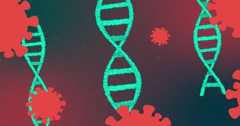 DNA Helix Spins with Virus Particles in Abstract Scientific Illustration