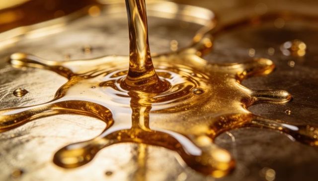 Golden syrup pouring with radiant splashes and bubbles on reflective metal surface closeup