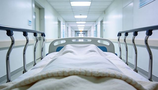 Hospital stretcher lying covered with blanket in sterile corridor under fluorescent lights