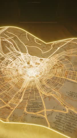 Revealing Glowing Parchment Map with Radiating Streets in Vertical Animated Sequence