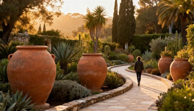 Solitary man walking sunlit mediterranean garden pathway lined with terracotta amphora