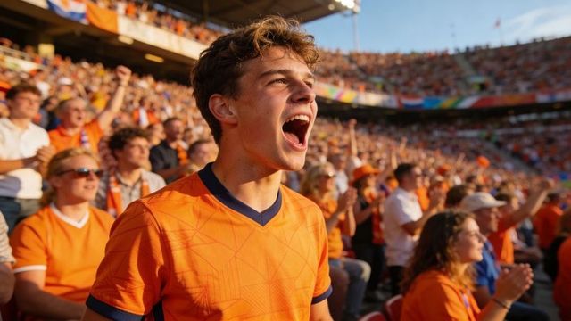 Young fan cheering in orange jersey among chanting crowd at packed stadium