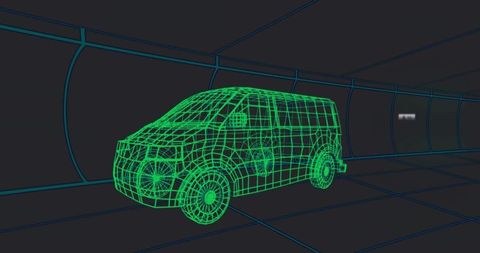 Futuristic Wireframe Van Model in Digital Tunnel