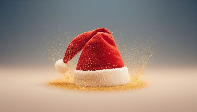 Sparkling Santa Hat Casting Golden Glitter Halo on Neutral Gradient Tabletop