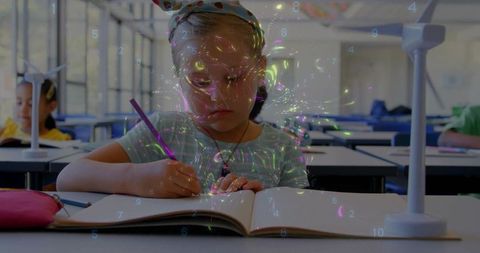 Young girl writing in notebook with holographic numbers and augmented reality learning