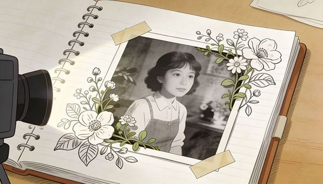 Vintage scrapbook page taped monochrome portrait hand-drawn floral frame