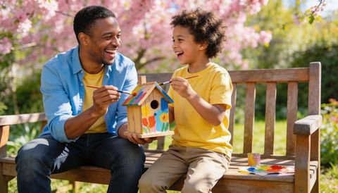 Father and son painting colorful birdhouse on garden bench amid spring blossoms