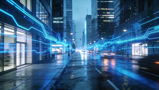Neon data streams racing through wet urban street at dusk reflecting blue light trails