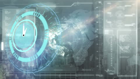 Futuristic Digital Interface with World Map and Clock Overlay