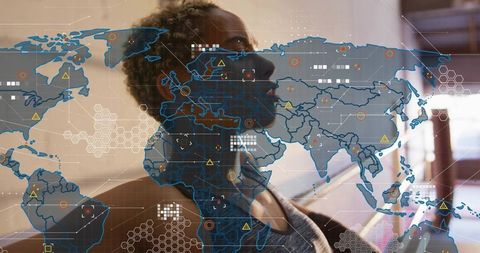 Reclining woman wearing earbuds and athletic tank receiving translucent global data overlay