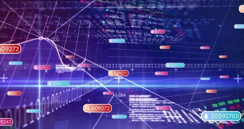 Futuristic Financial Data Visualization with Numeric Tags and Binary Code