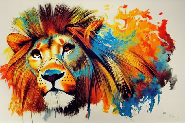This vibrant and abstract watercolor illustration of a majestic lion is perfect for use in wildlife art collections, creative art projects, and modern decor. The painting's expressive and colorful design can bring a dynamic and powerful visual element to any space, resonating with nature and creativity themes.