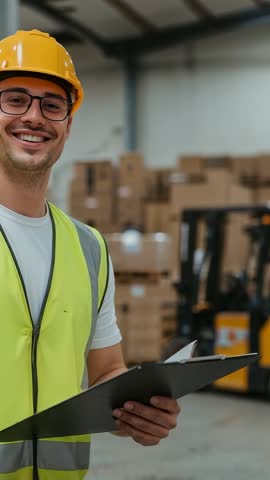 Vertical video showing smiling warehouse clerk conducting inventory check with clipboard