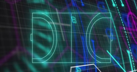 Futuristic basketball court outline on digital analytics interface