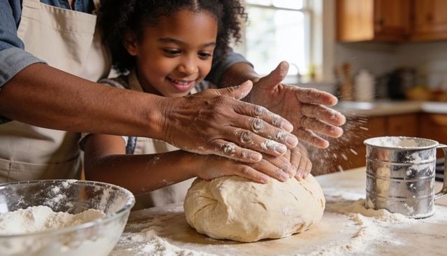 Adult guiding child kneading bread dough on wooden counter family baking moment