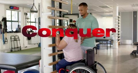 Rehabilitation therapist guiding wheelchair user on stall bars for upper-body strength