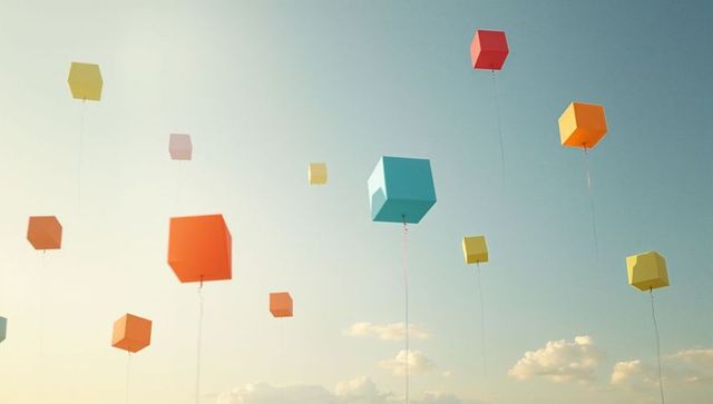 Colorful cube balloons floating in serene dawn sky