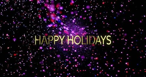 Glowing golden happy holidays text with purple sparkle burst and bokeh particles