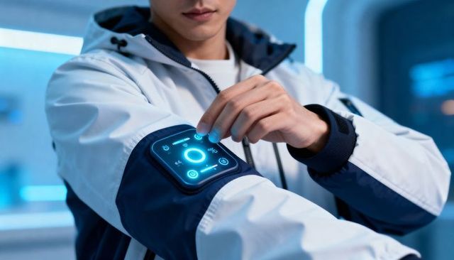 Man tapping smart jacket sleeve touchscreen interface wearable tech control futuristic lab