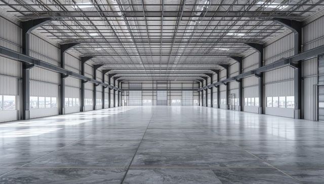 Empty Warehouse with Steel Supports and Frosted Skylight Panels