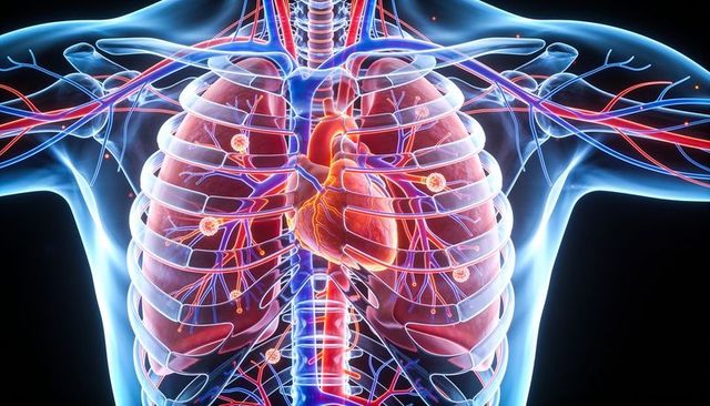 Transparent chest anatomy illustration showing rib cage, lungs, heart, arteries, veins and nodules