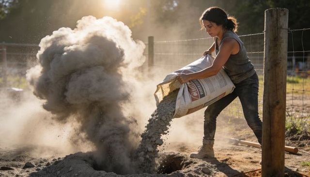 Pouring concrete into fence post hole on rural property, backlit dust cloud