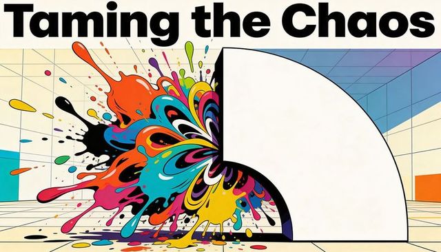 Taming chaos: colorful paint explosion meeting white semicircle in geometric gallery
