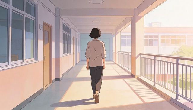 Student walking down sunlit school corridor during golden hour pastel backview