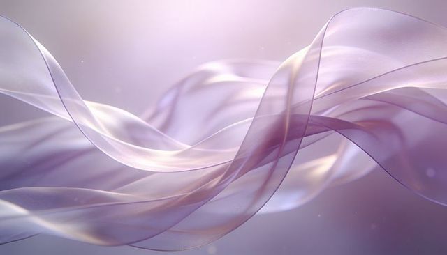Ethereal lavender ribbons flowing over pearlescent pastel gradient backdrop