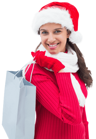 Smiling Woman in Santa Hat Holding Gift Bag on Transparent Background