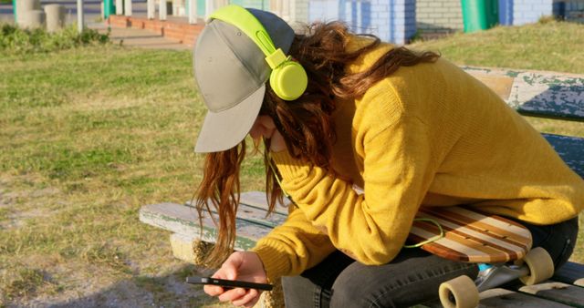 Girl Listening to Music on Bench with Headphones - Download Free Stock Images Pikwizard.com