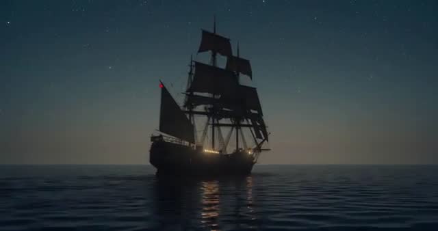 Starlit Voyage: Three-masted Ship Sails Into Horizon