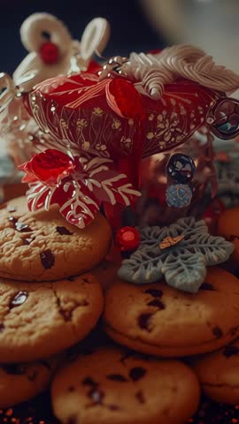 Vertical holiday video tilting from cookies to red ornament and snowflake cookie
