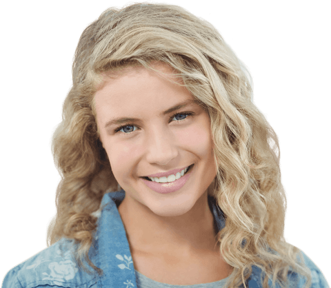 Cheerful Blonde Woman Smiling with Denim Jacket, Transparent Background